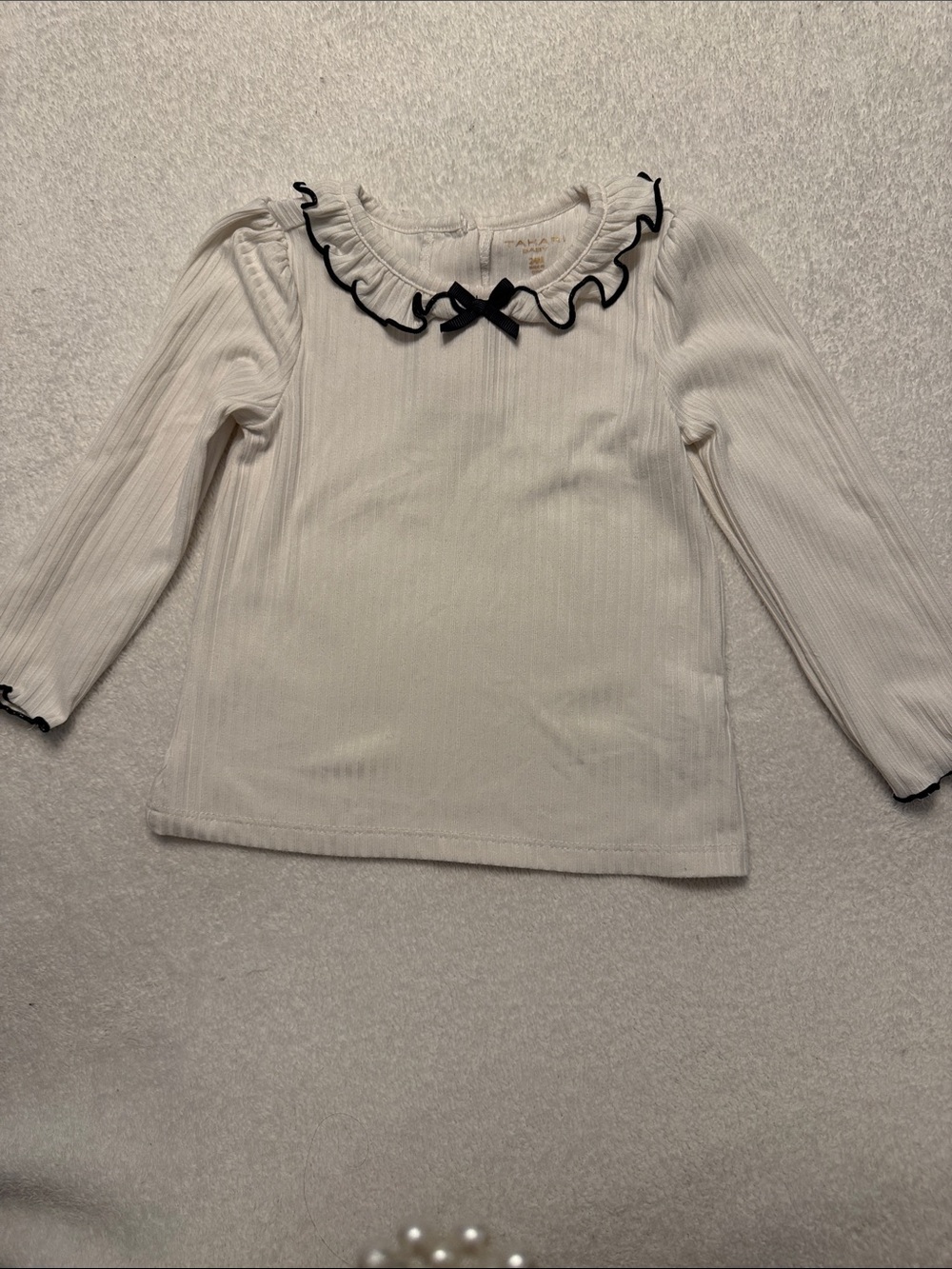 Tahari White Long-Sleeve Top with Black Ruffle Trim